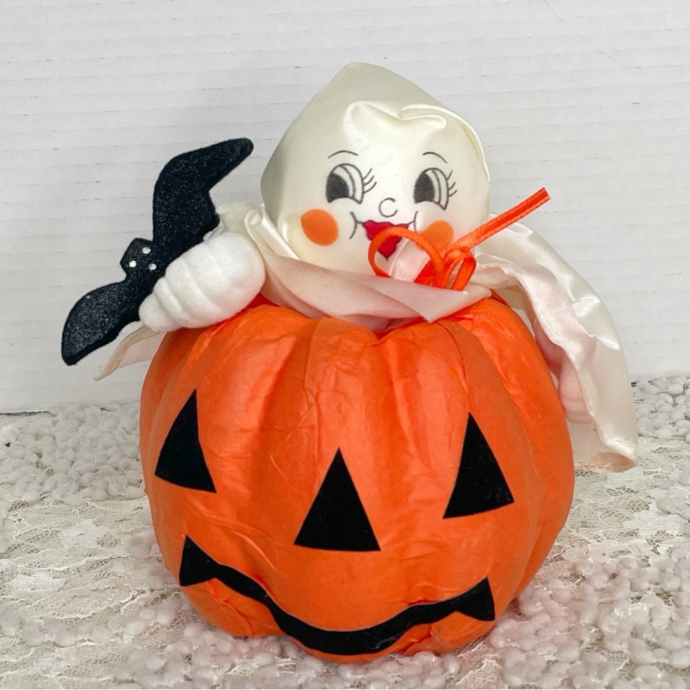 Vintage 1992 Halloween Friends Pumpkin Ghost And Bat Paper Mache Fabric